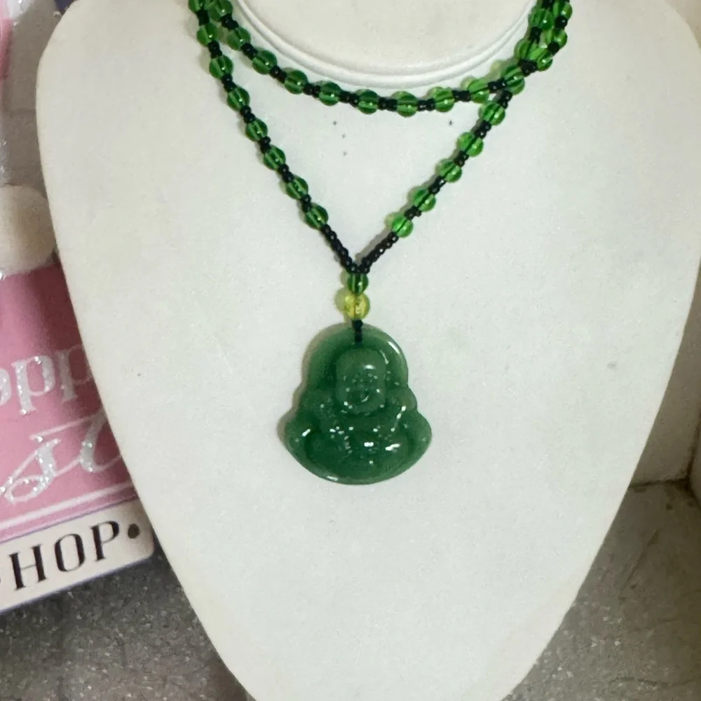 Green Beaded Buddha Pendant Necklace